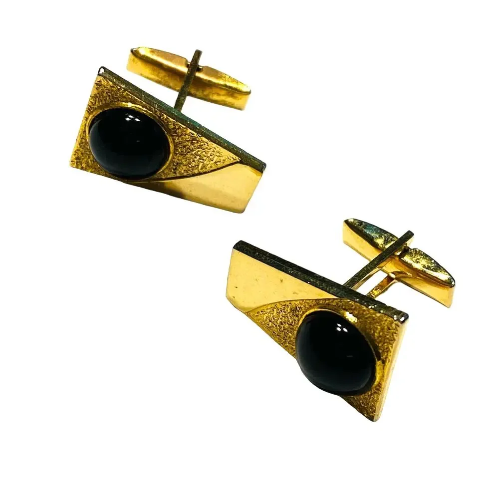 Vintage Mid Century Cufflinks gold & black domed polished stones hallmarked S